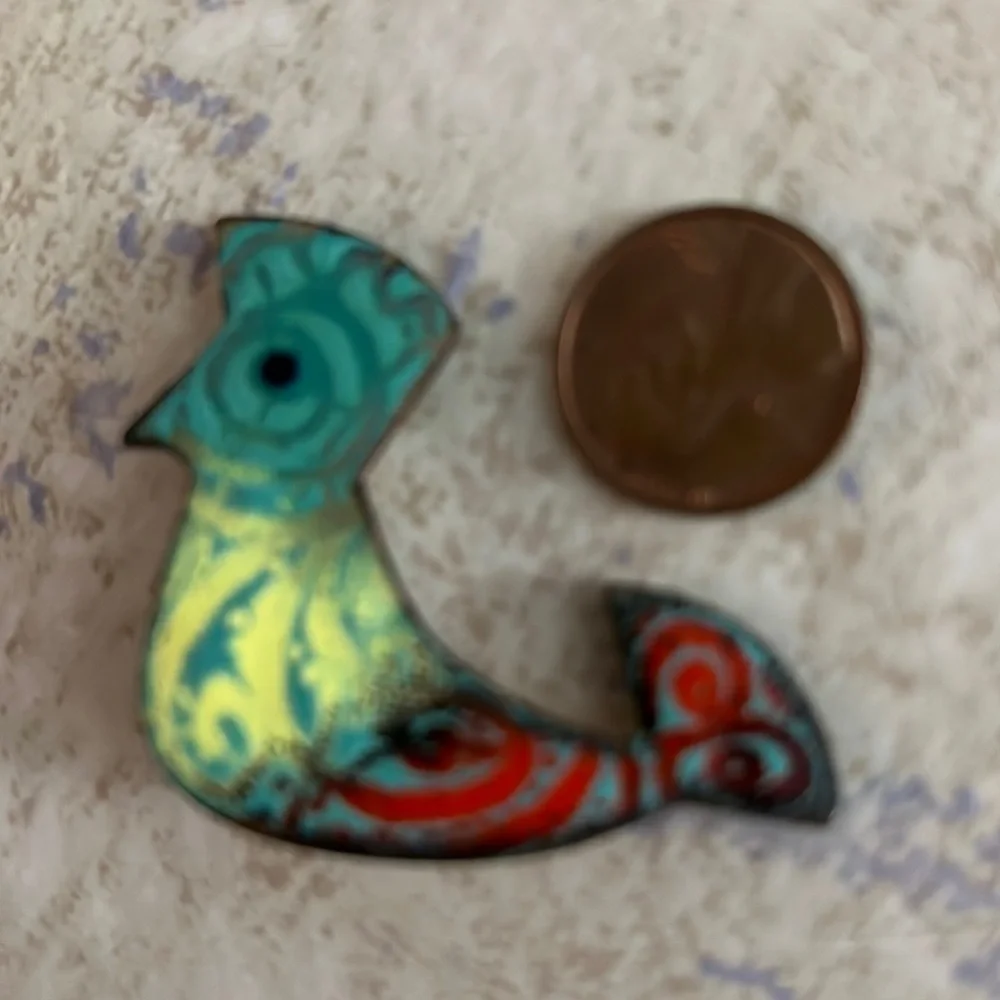 Vintage Enamel on Copper Pin Aztec Bird 1960s